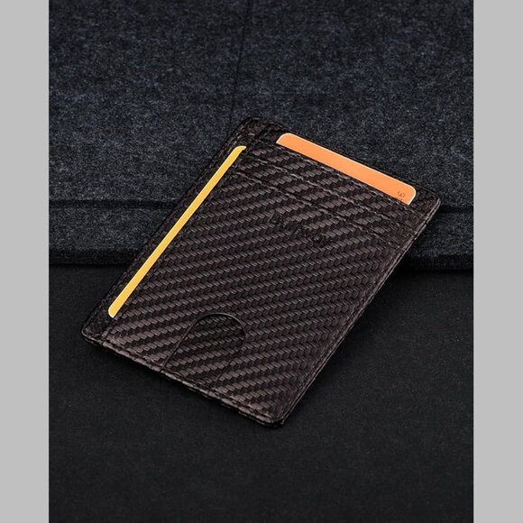 Slim Minimalist Front Pocket RFID Blocking Leather Wallets Carbon Fiber Coffee - Picture 4 of 7